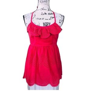 Tibi Red Eyelet Ruffle Halter Top